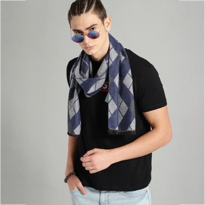 Unisex Navy Blue & Grey Printed Acrylic Scarf